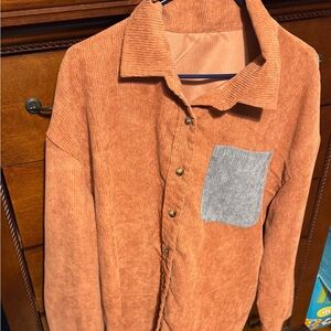 Corduroy Button-Up Shirt with Gray Pocket